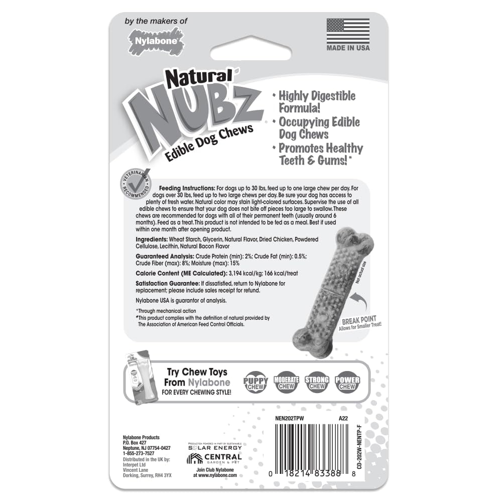 Nylabone Nubz chicken long-lasting chew captured mid-chew action