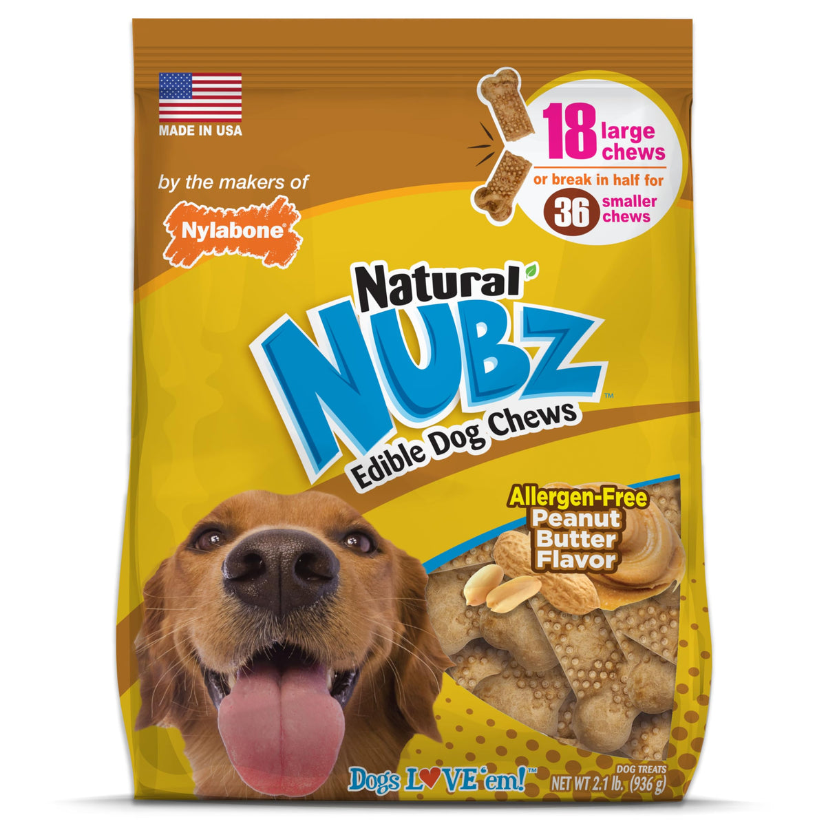 Nylabone Nubz bag of peanut butter chews encourages long-lasting chewing and flavor enjoyment.