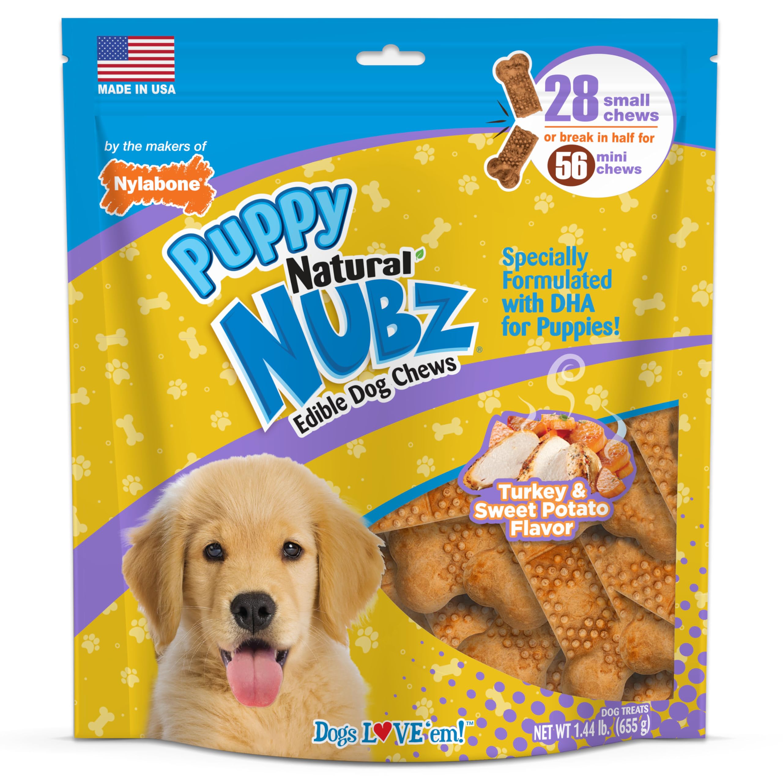 Nylabone Nubz 28-count turkey-sweet-potato pack shown, ideal for puppy training rewards and long-lasting chew