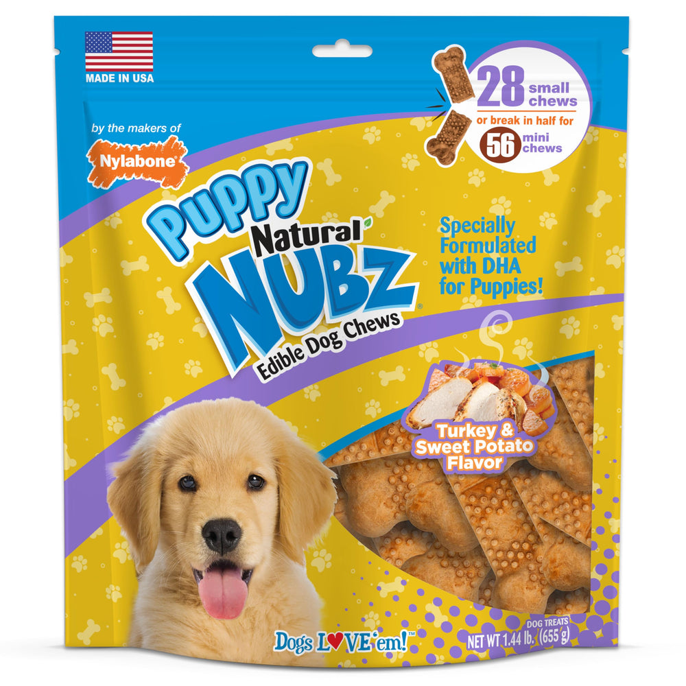 Nylabone Nubz 28-count turkey-sweet-potato pack shown, ideal for puppy training rewards and long-lasting chew
