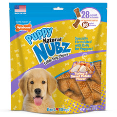 Nylabone Nubz 28-count turkey-sweet-potato pack shown, ideal for puppy training rewards and long-lasting chew