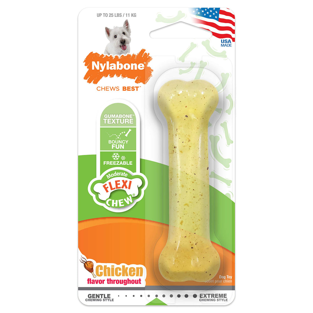 Nylabone Flexi Chew Toy packaging on display highlighting brand heritage.