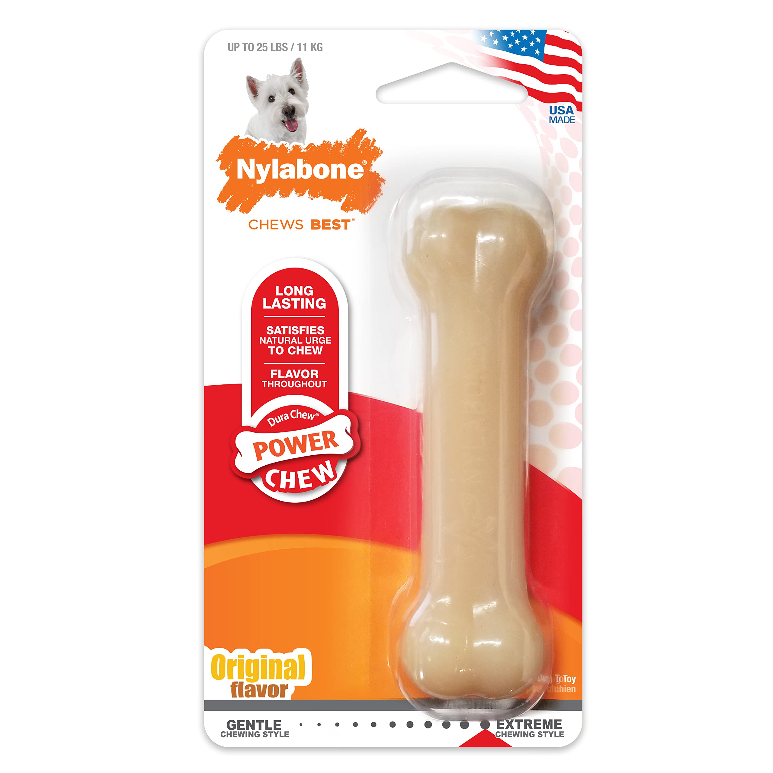 Nylabone Original Bone Power Chew Toy measures 4.5 inches for precise handling.