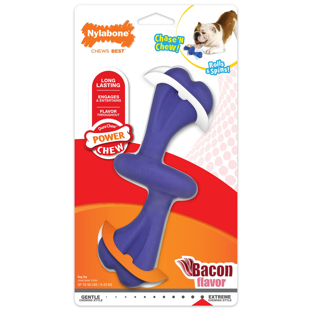 Nylabone Power Chase N Chew Toy rolling action promotes interactive play.