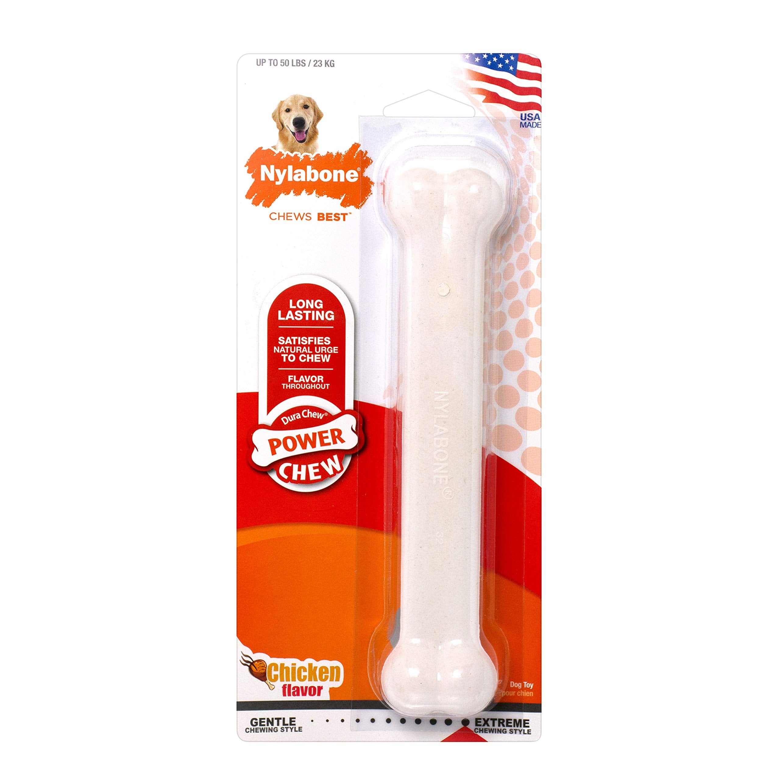 Nylabone Power Chew Classic Bone chicken flavor infusion attracts chewers
