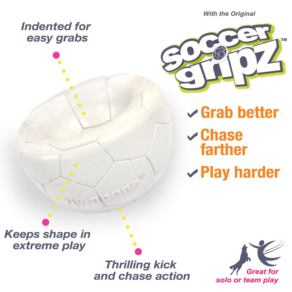 Nylabone Power Play Gripz Soccer Ball in dog's mouth demonstrates easy pickup and retrieval