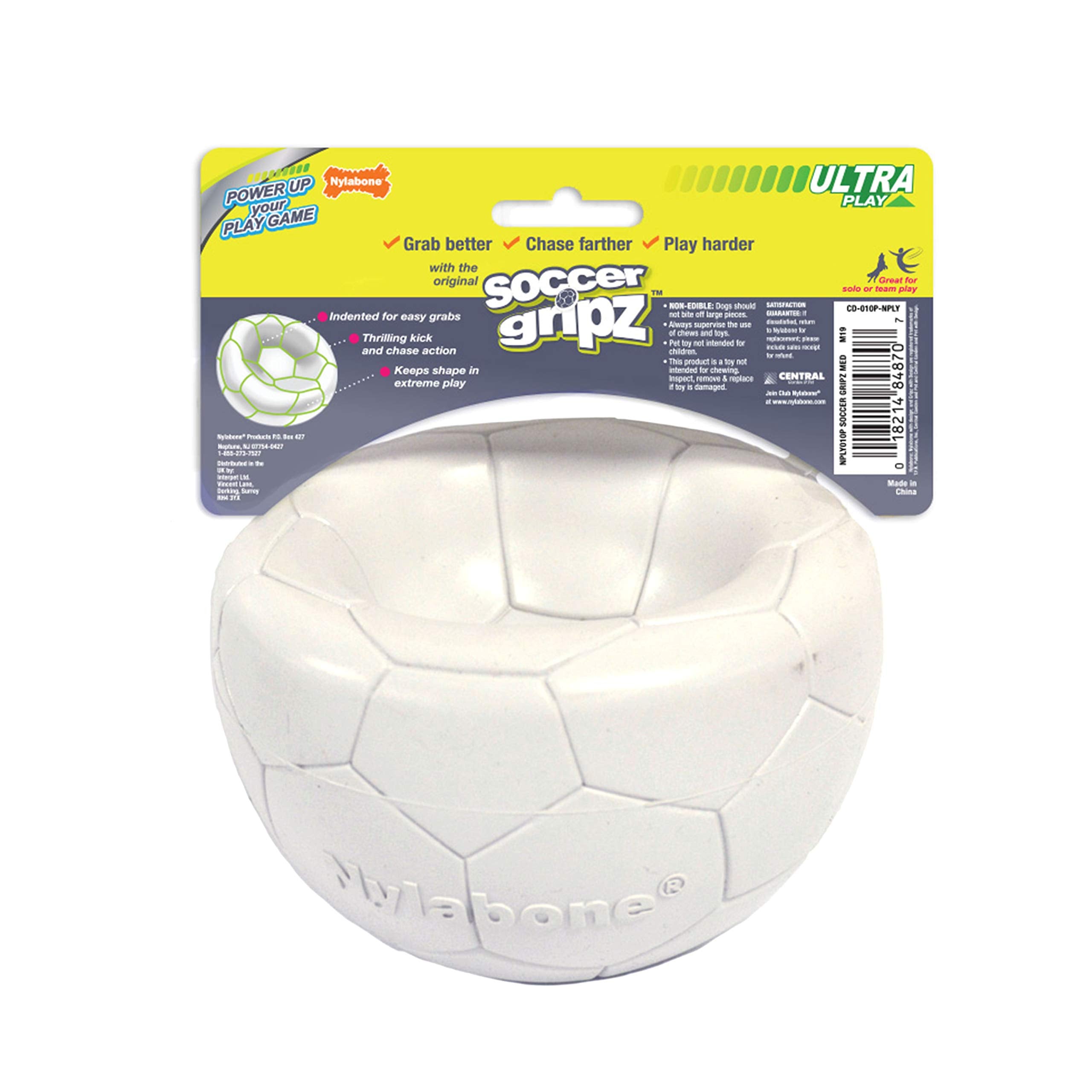 Nylabone Power Play Gripz Soccer Ball indoor play with dog chasing on carpet