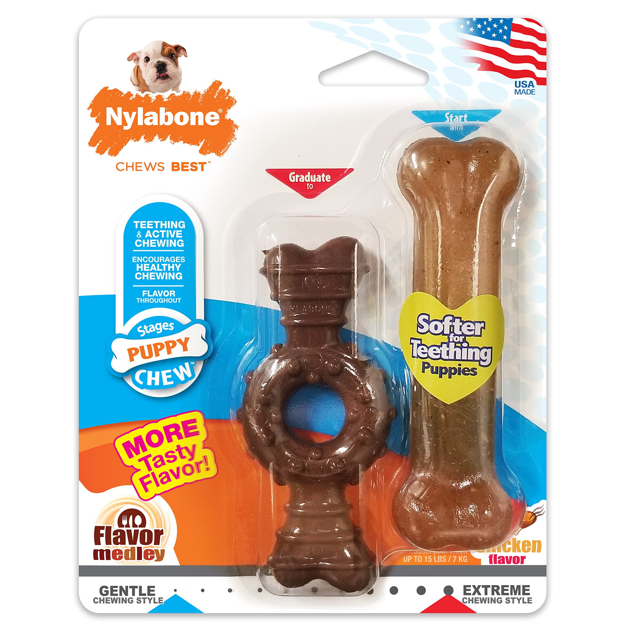 Nylabone puppy chew toy 2-pack offering variety in play and teething relief