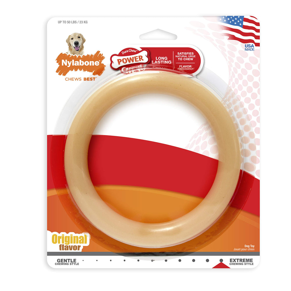Nylabone Ring Bone Power Chew Toy large-size-50lbs supports dogs up to 50 pounds.