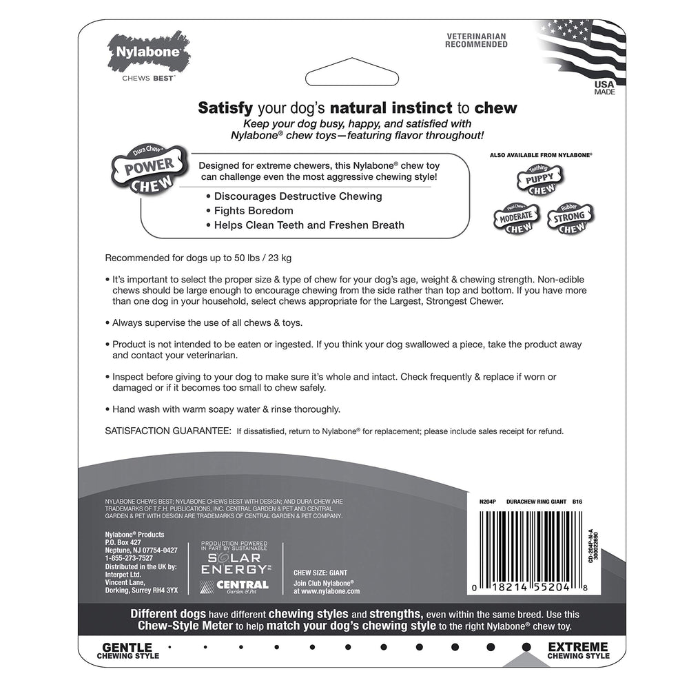 Nylabone Ring Bone Power Chew Toy safe-with-supervision promotes responsible chewing habits.