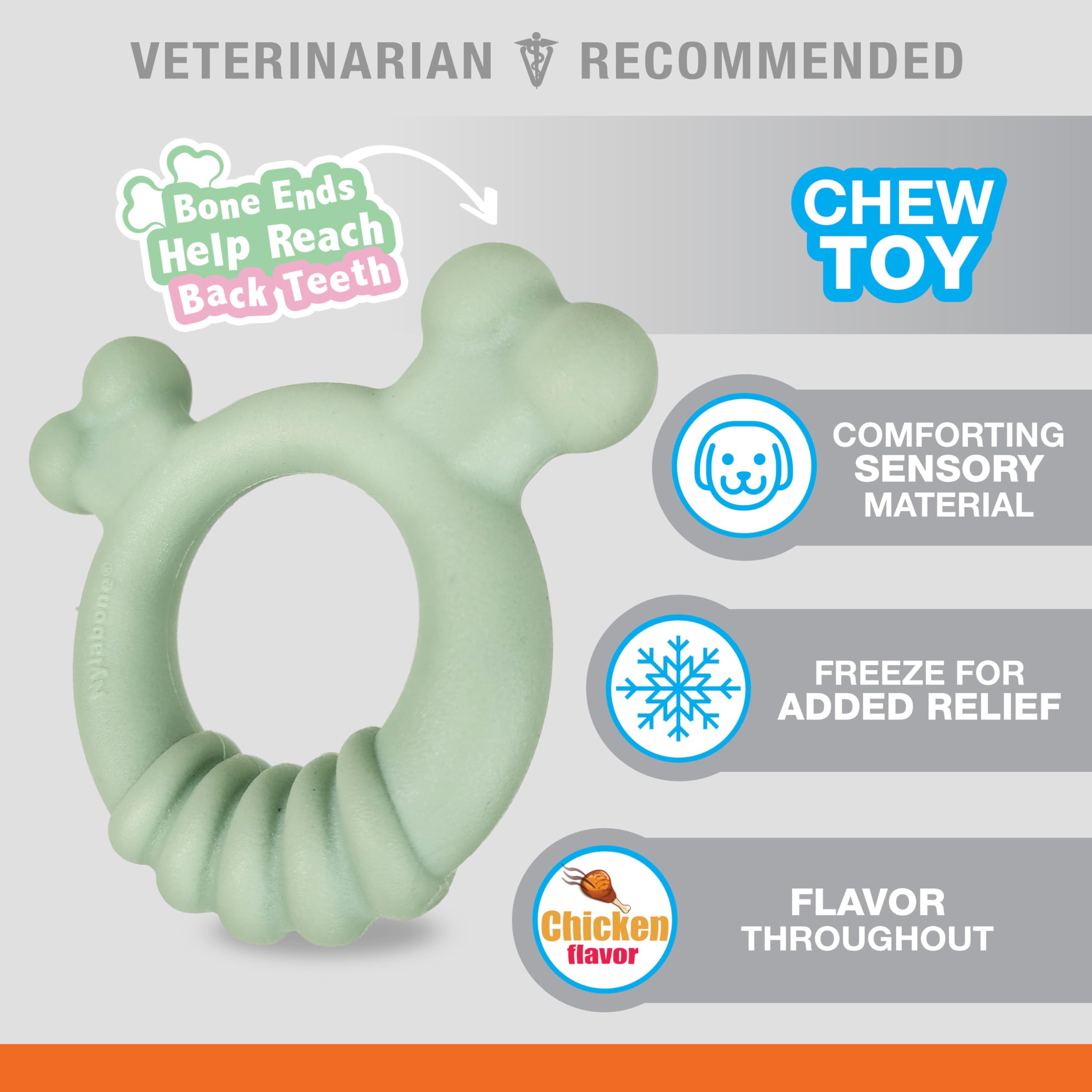 Nylabone Sensory Ring photographed frozen for extra gum relief during teething.