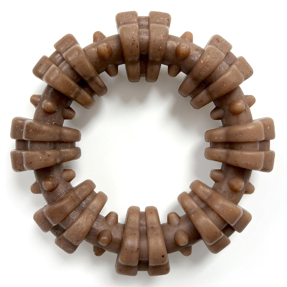 Nylabone textured ring chew toy with real beef and chicken for powerful chewers.