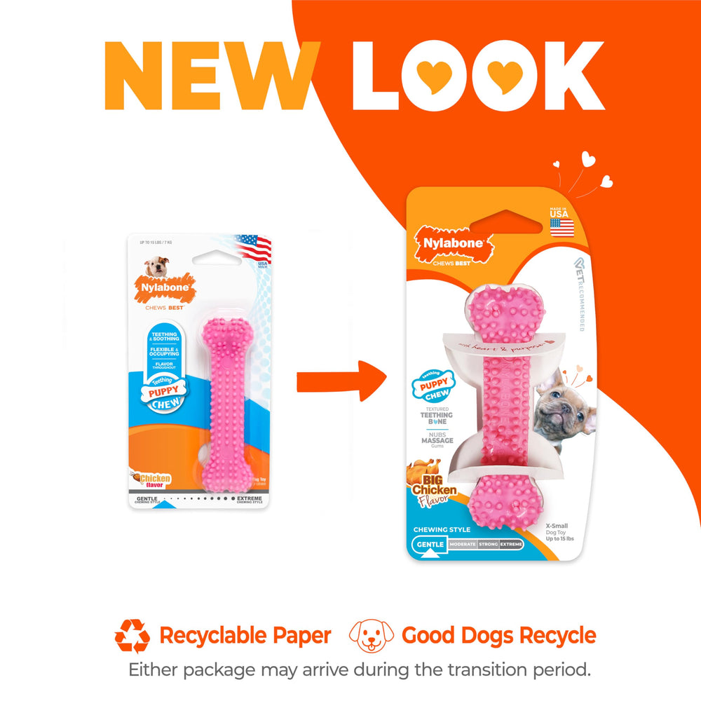 Nylabone chicken flavor label on teething bone packaging signals bite-friendly engagement.