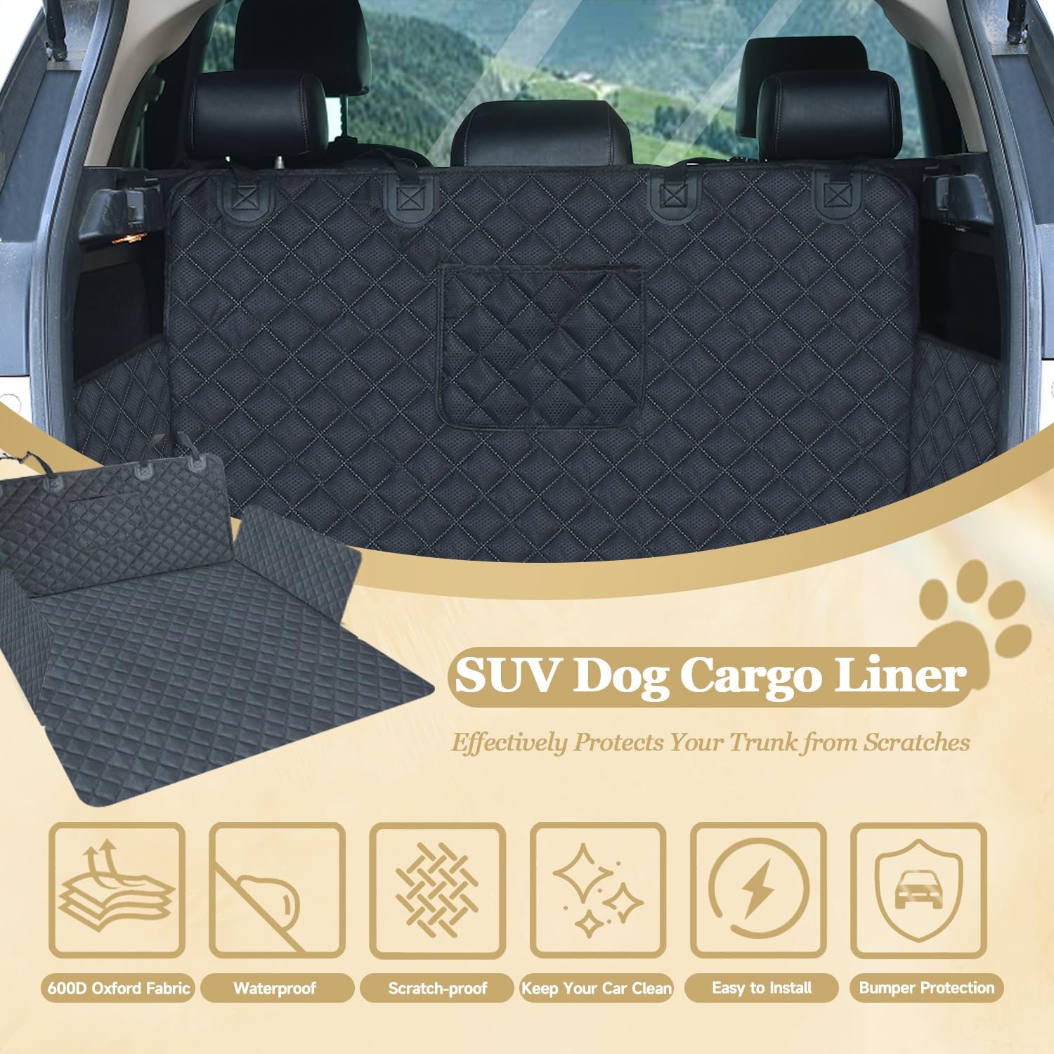NYLSYT SUV cargo liner side flap protects trunk walls from dog claws during trips.
