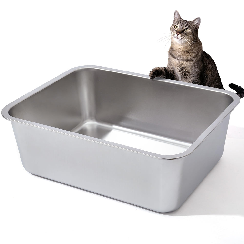 Nyutu stainless steel litter box back view highlights durable non-stick surface for easy cleaning.