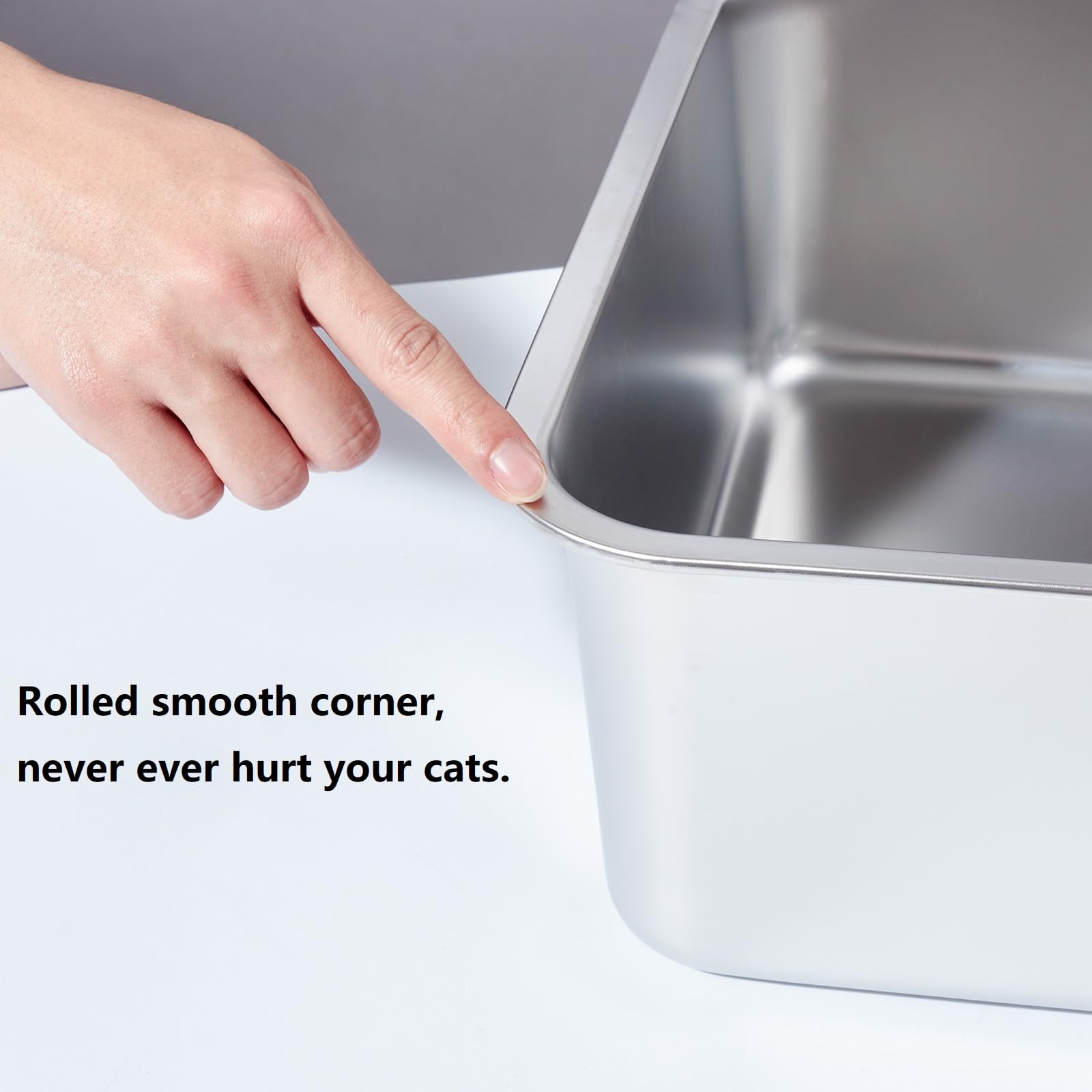 Nyutu open-top stainless steel litter box interior for quick scooping.