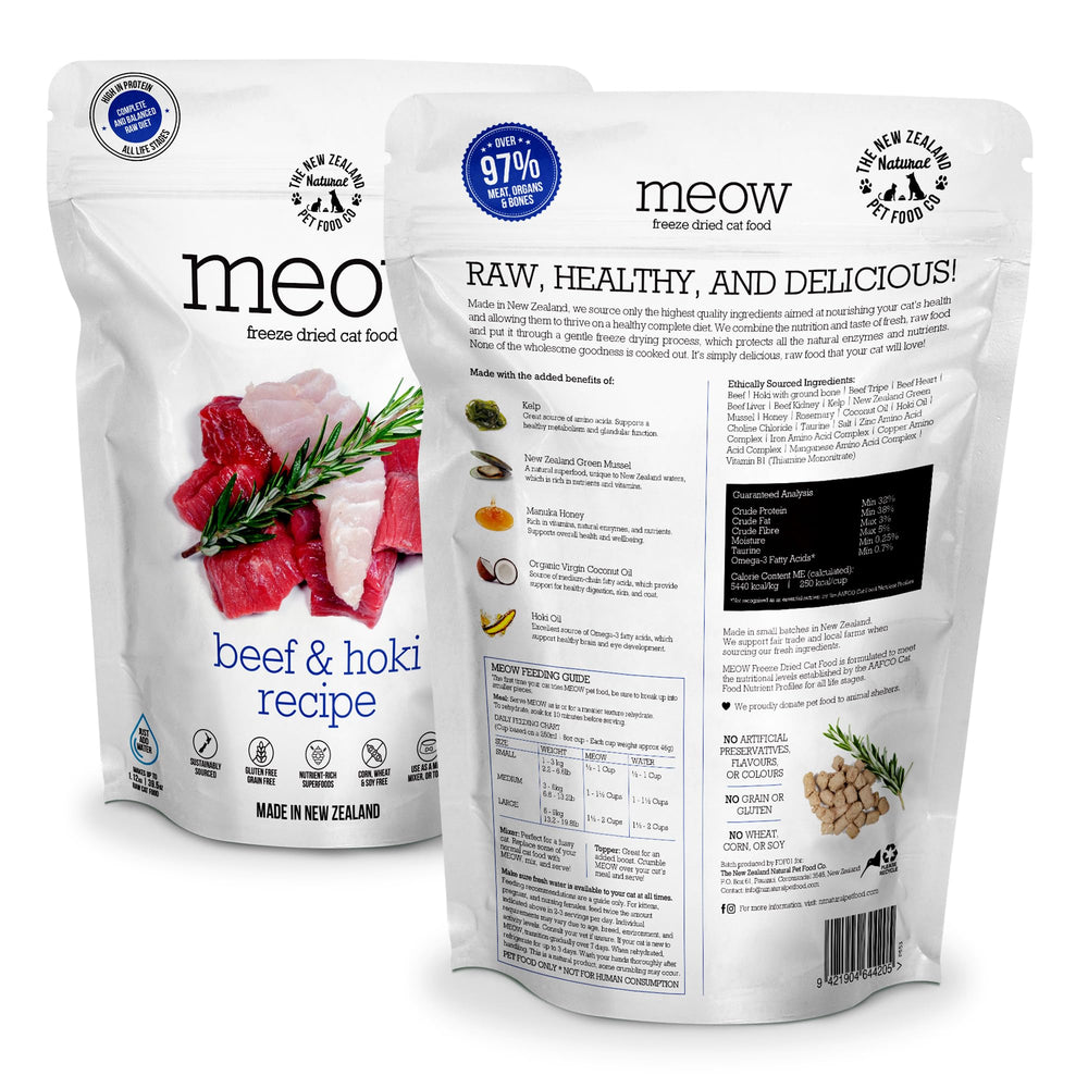 Nz Natural Pet Food Co Meow freeze-dried beef-hoki serving boosts palatability and protein.