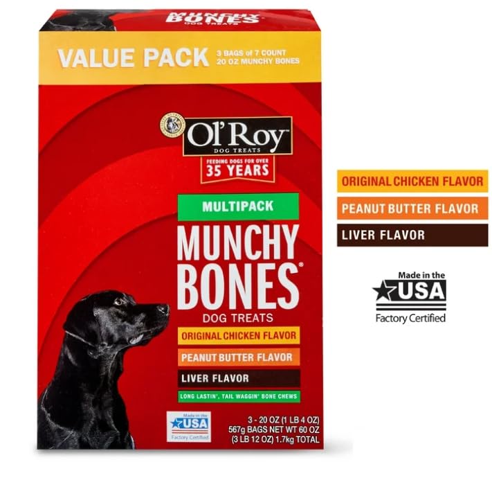 O-Roy Munchy Bones dog-chew-action shows a dog enjoying a chew.