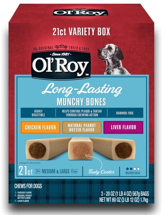 O-Roy Munchy Bones chicken-treats in variety box for satisfying chewer cravings.