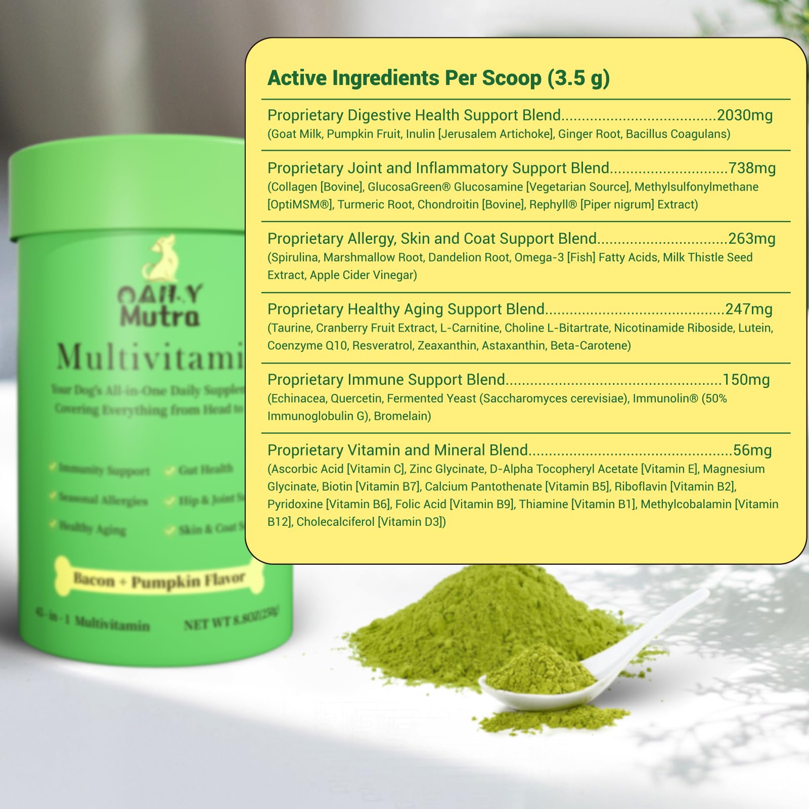 OailyMutra dog multivitamin powder poured into food supports easy daily nutrition.