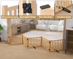 Oapety solid wood pet gate is self-supporting for freestanding use.