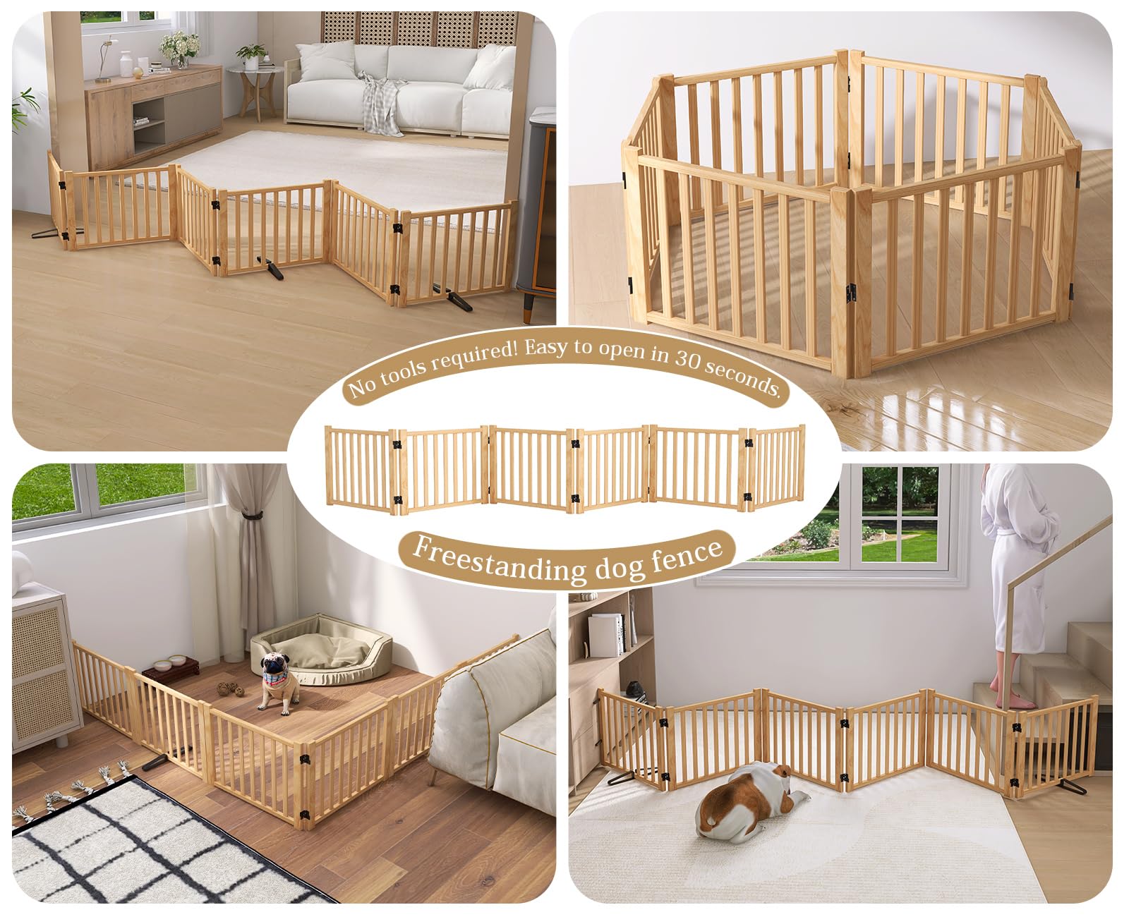 Oapety solid wood pet gate six-panel setup ensures stable boundary.