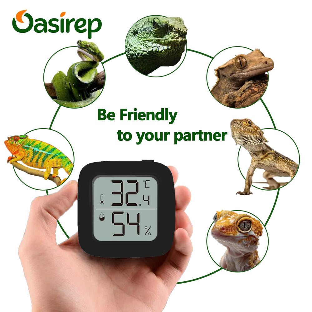 Oasirep thermometer-hygrometer in-use tank helps monitor heat and humidity.