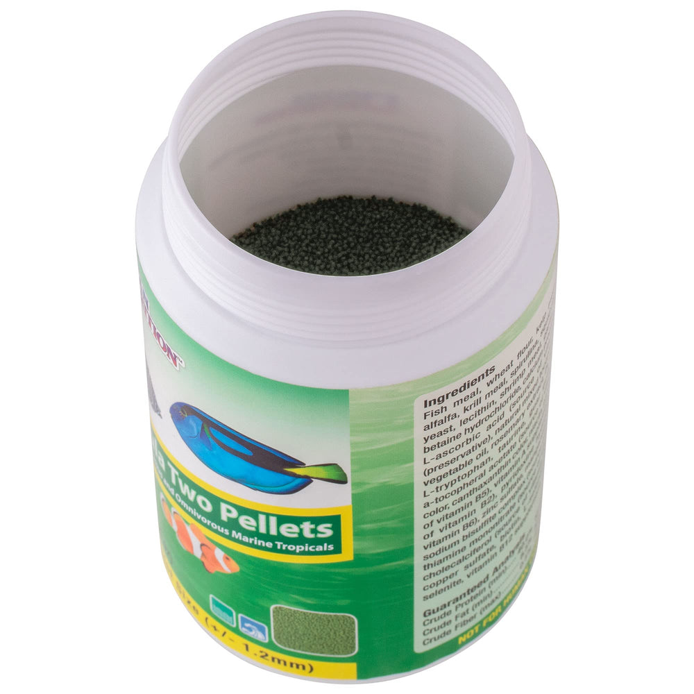 Ocean Nutrition Formula Two for herbivorous and omnivorous fish shown in community tank.