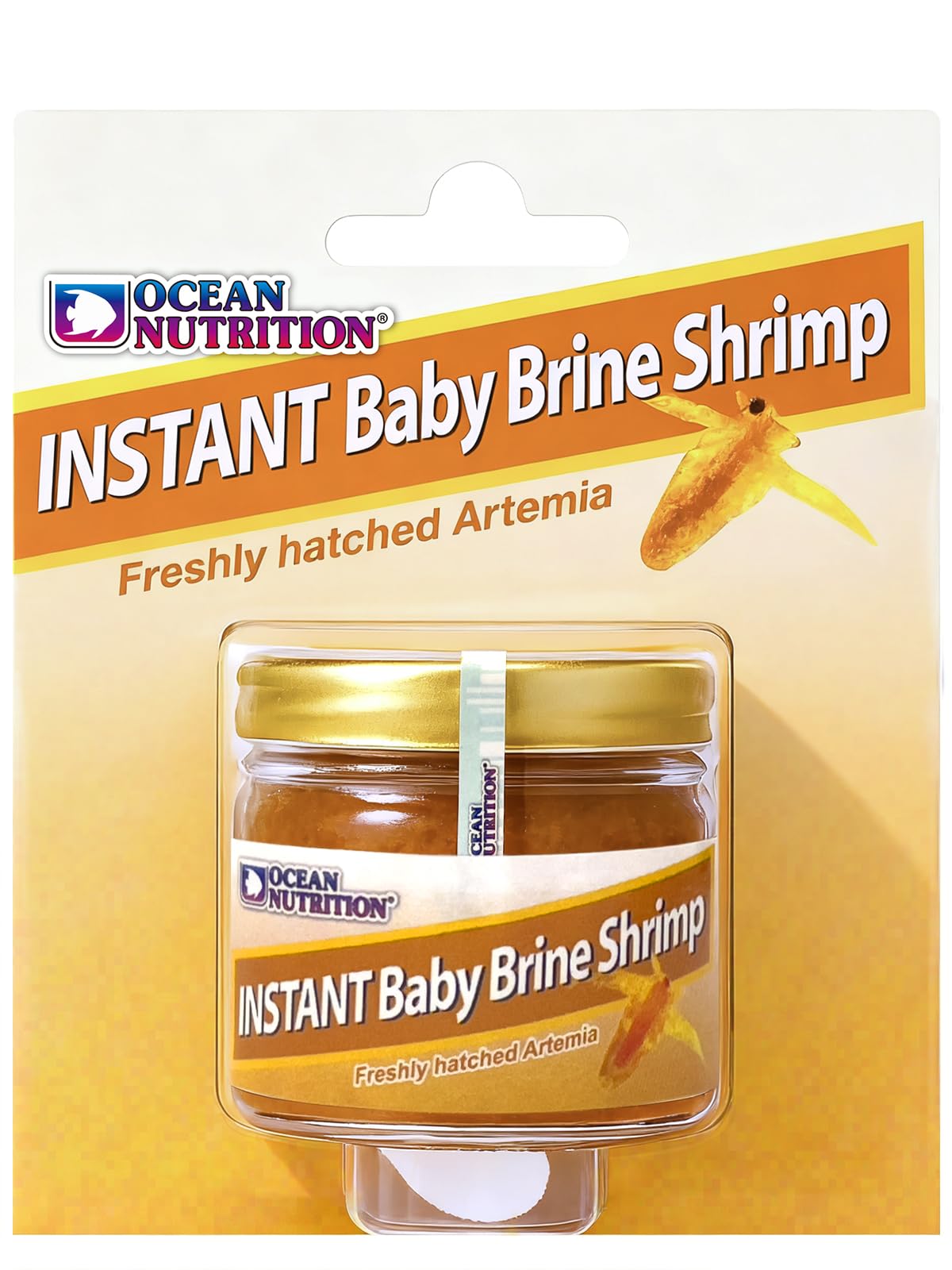 Ocean Nutrition Instant Baby Brine Shrimp Eggs jar close-up for fry feeding potential.