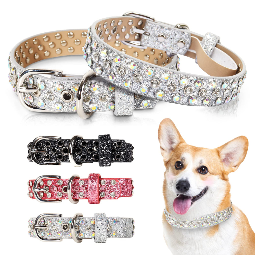 OCTBERSIEG rhinestone leather dog collar closeup shows sparkling crystals for stylish accessorizing.