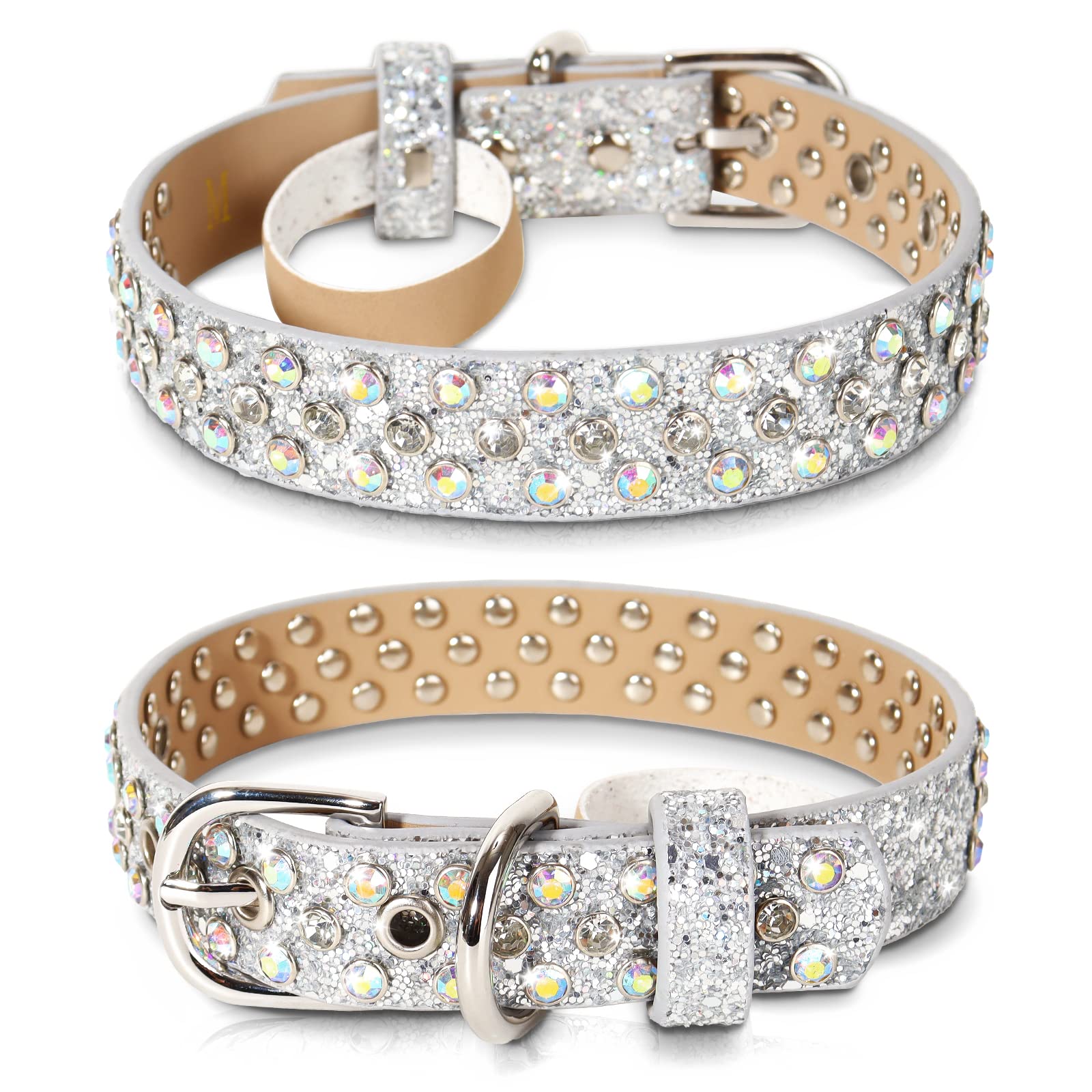 OCTBERSIEG silver 1in wide diamond collar with buckle and D-ring for secure leash use.