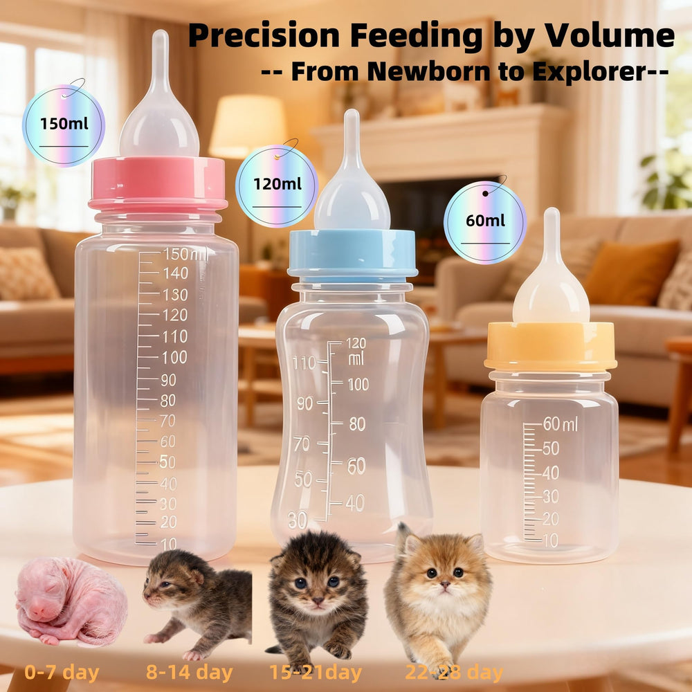 OCTKITE puppy kitten nursing bottle image highlights three bottle sizes for versatile feeding