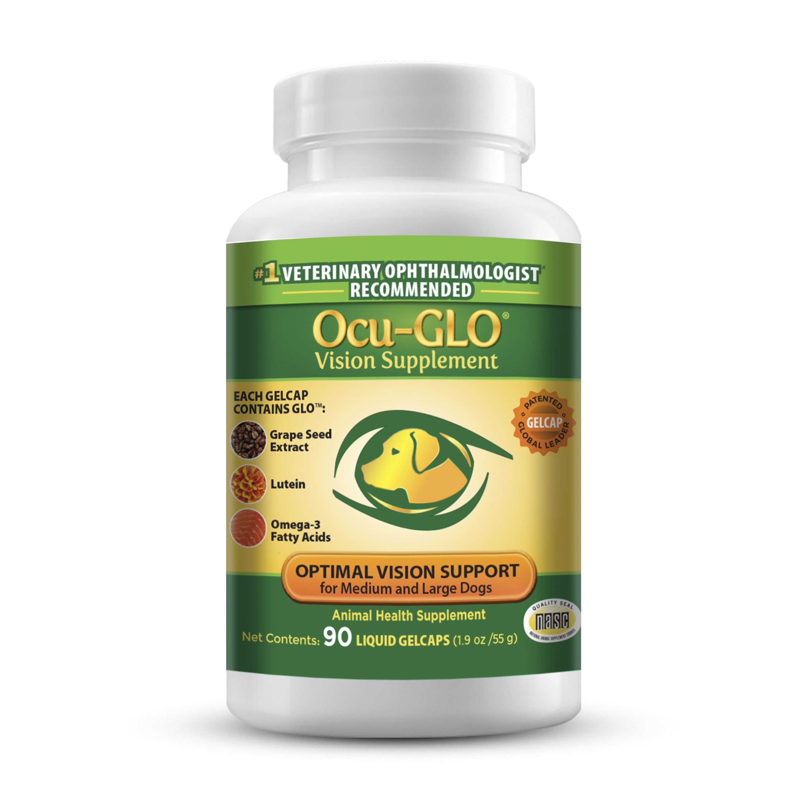 Ocu-GLO bottle for dog eye health; veterinarian-recommended daily supplement.