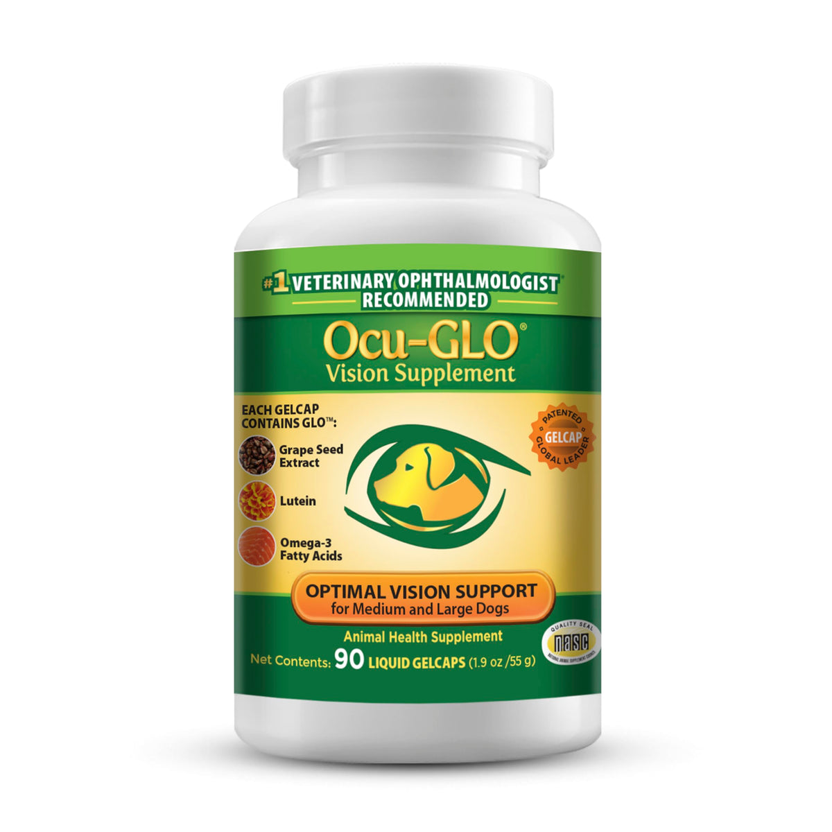 Ocu-GLO bottle for dog eye health; veterinarian-recommended daily supplement.