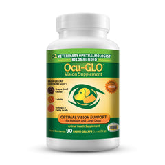Ocu-GLO bottle for dog eye health; veterinarian-recommended daily supplement.