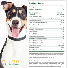 Ocu-GLO dog-mealtime dosing scene; easy administration for all sizes.