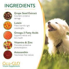 Ocu-GLO PB ingredient label shows lutein and omega-3 for eye nutrition.