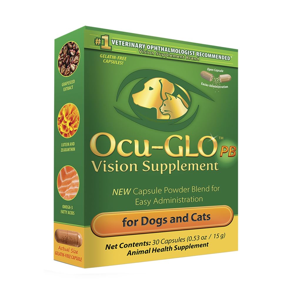 Ocu-GLO PB powder tub with scoop enables easy daily dosing for small pets.