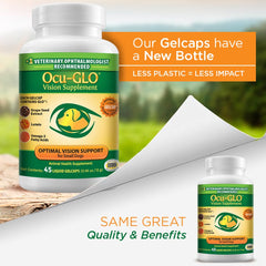 Ocu-GLO gelcaps closeup – convenient daily dosing for dogs' eye health.