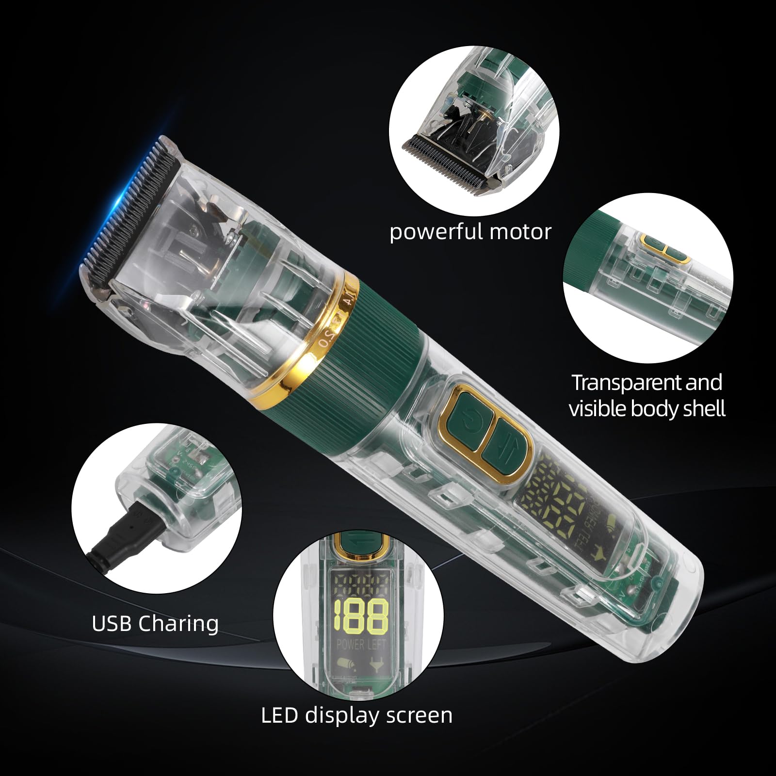 ODJSY pet grooming clipper digital display reveals battery and speed at a glance.
