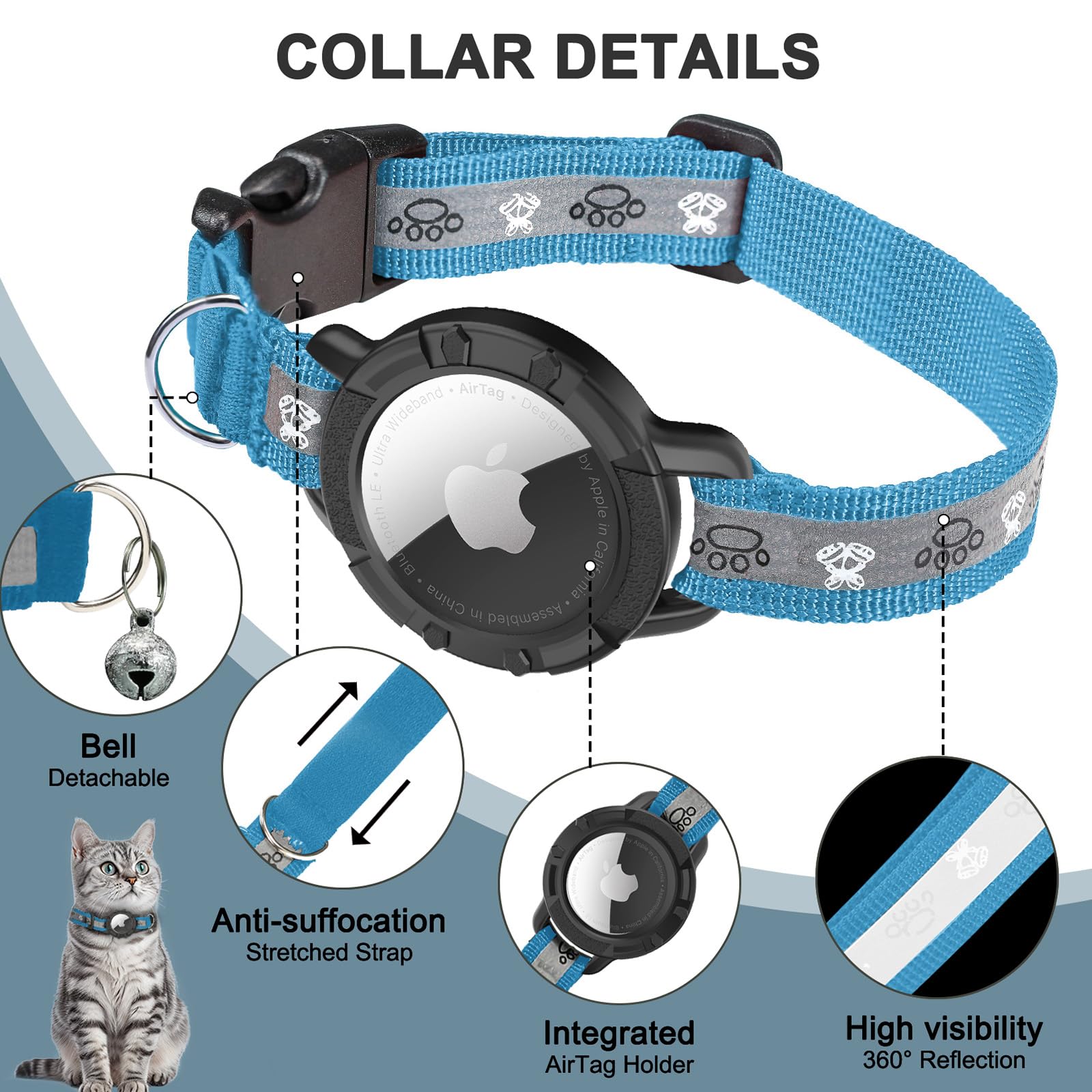 Odokele airTag cat collar ultralight nylon for long wear comfort