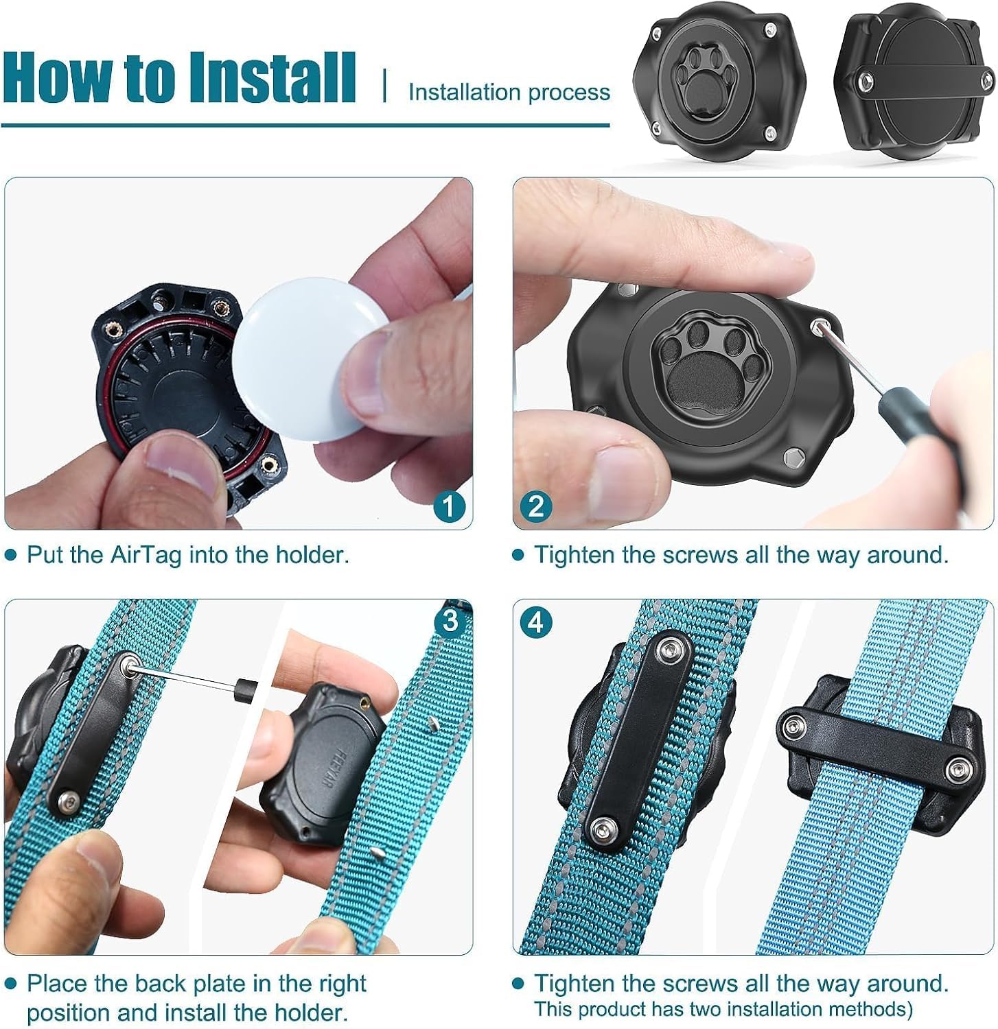 Odokele AirTag dog collar holder includes simple-install tools for quick setup.
