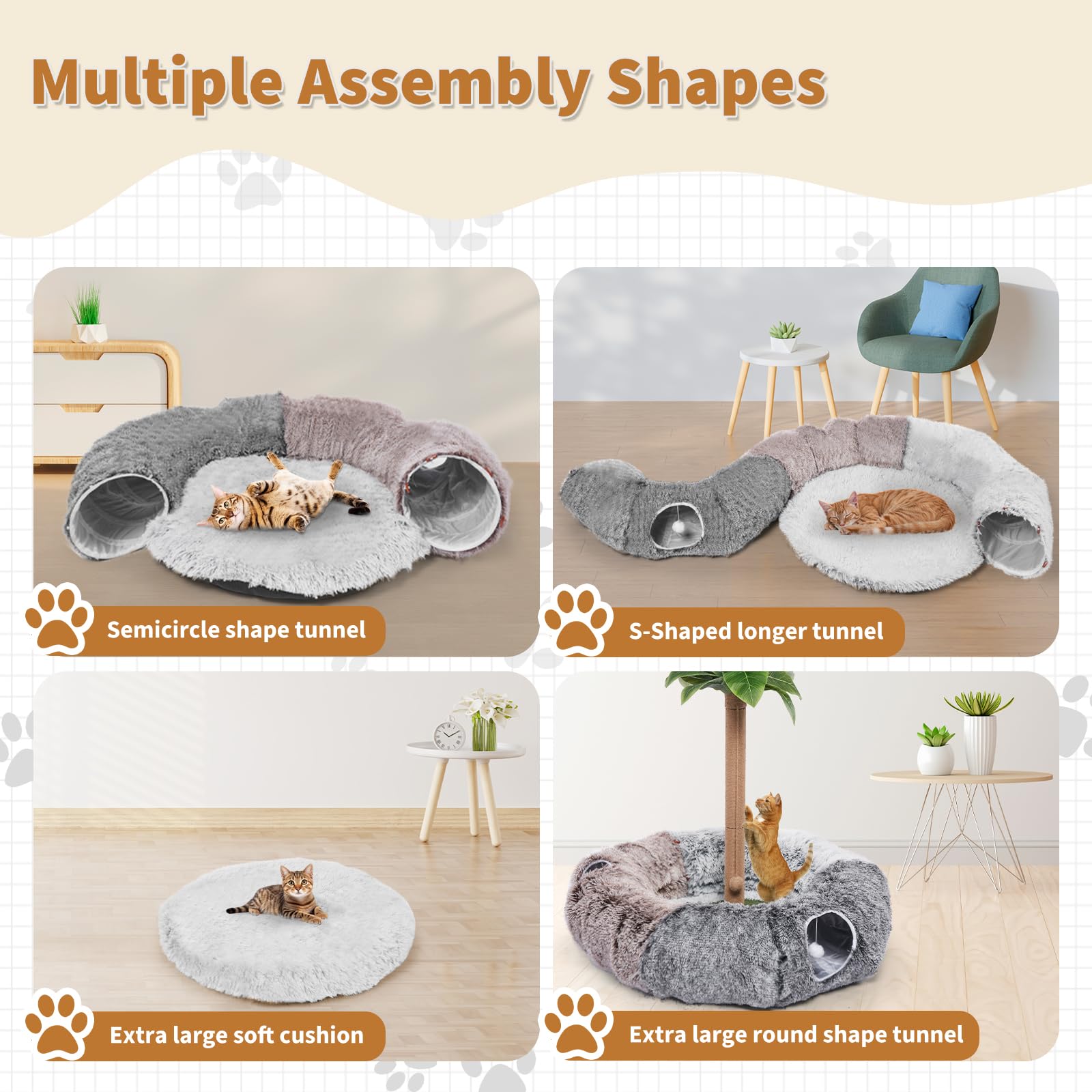 Odoland cat tunnels shape-options display shows straight, S-shaped, and circular forms for versatile play