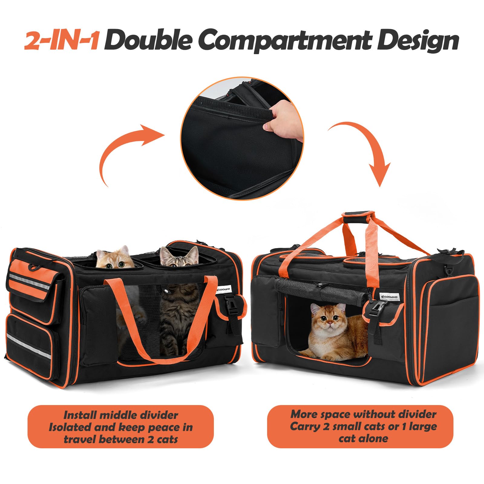 Odoland expandable cat carrier featuring 360-degree mesh windows for airflow and visibility.