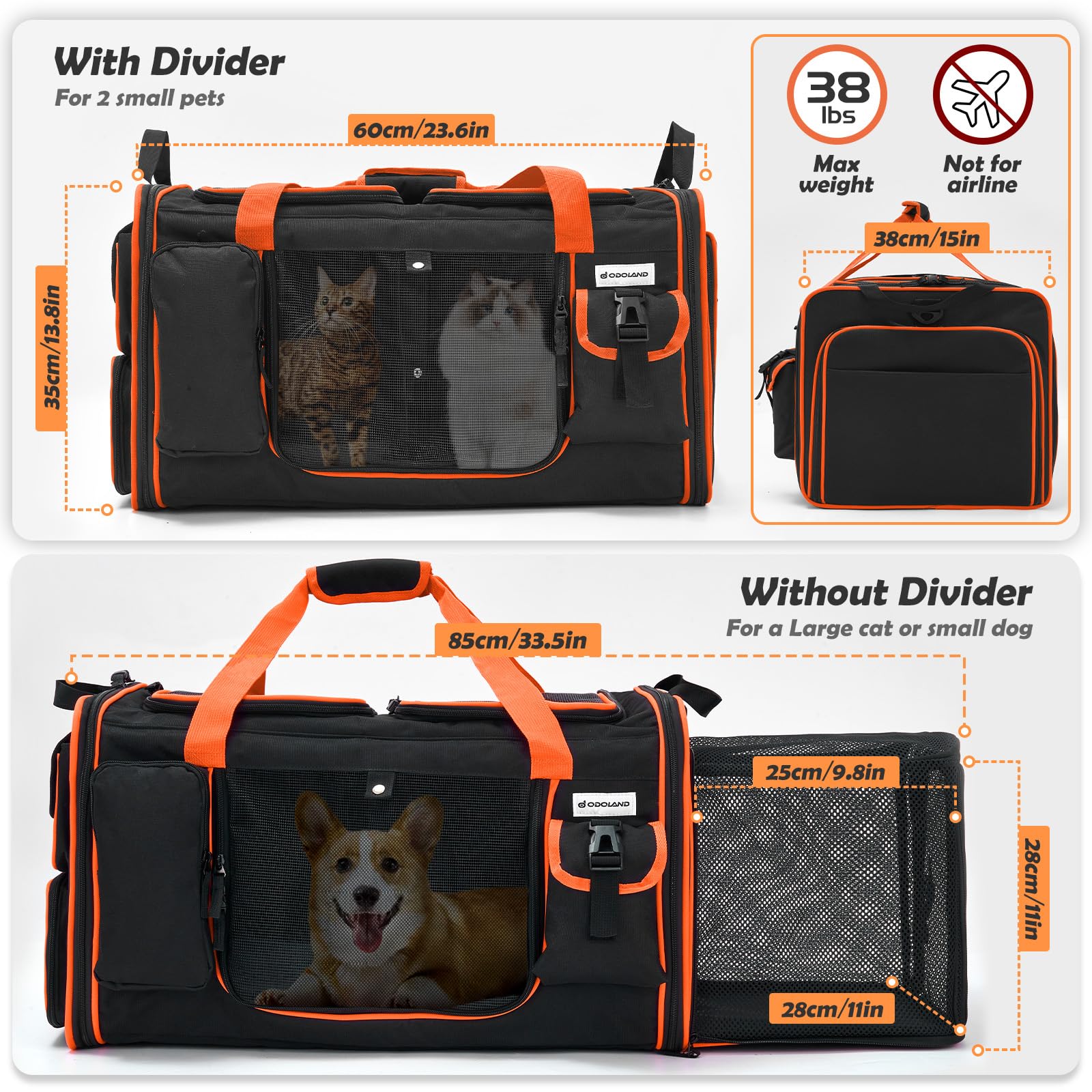 Odoland expandable cat carrier including collapsible bowls and litter box for on-the-go use.