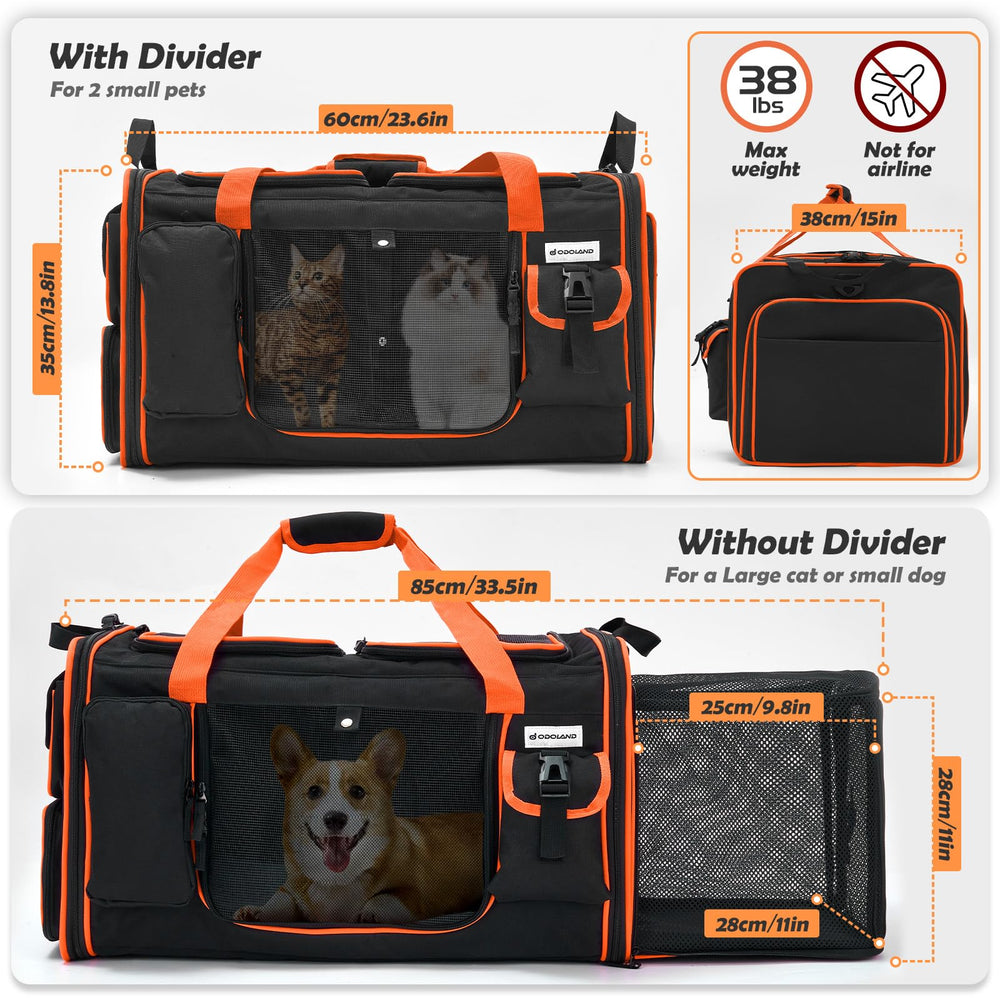 Odoland expandable cat carrier including collapsible bowls and litter box for on-the-go use.