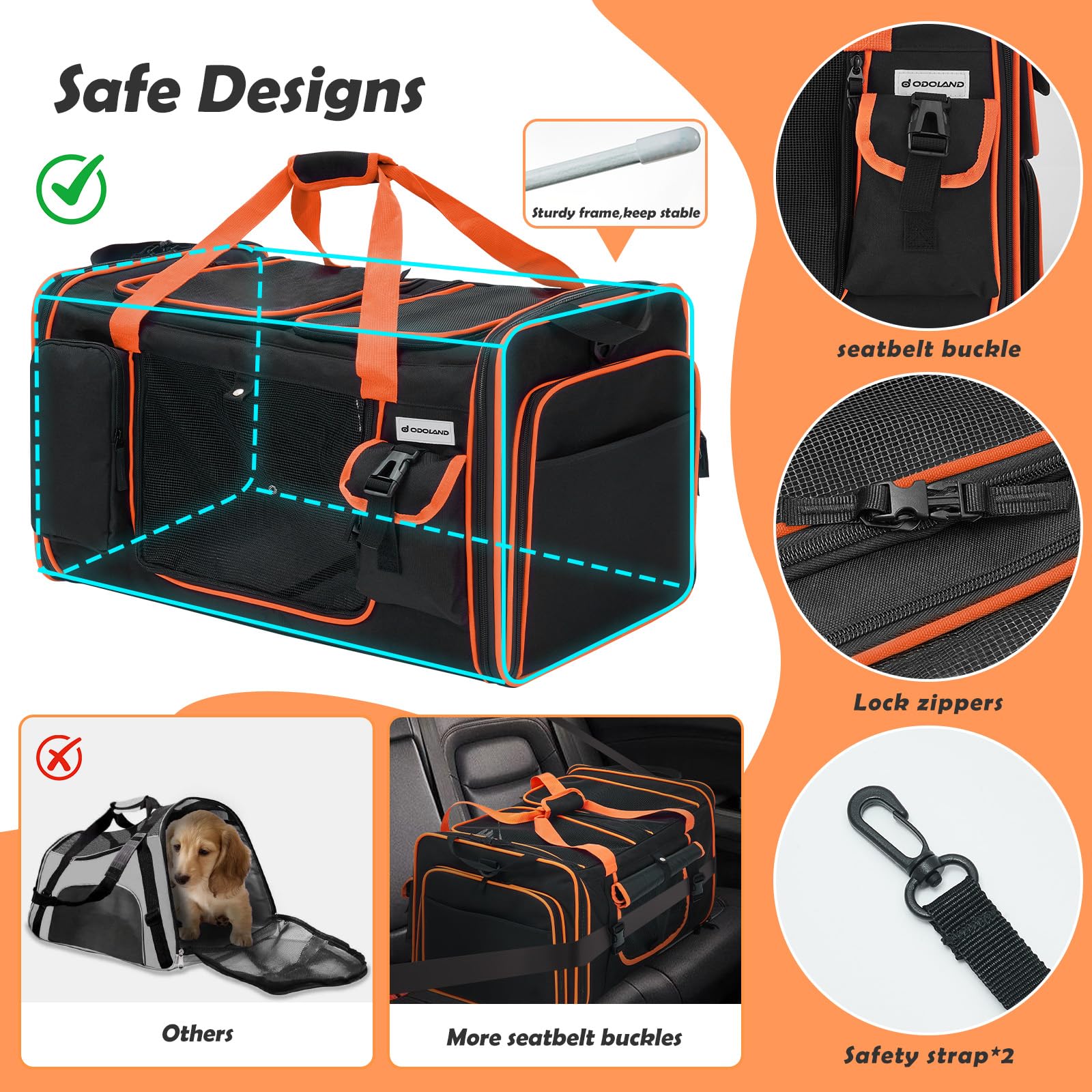 Odoland expandable cat carrier with dual compartments and removable divider for two-cat travel.