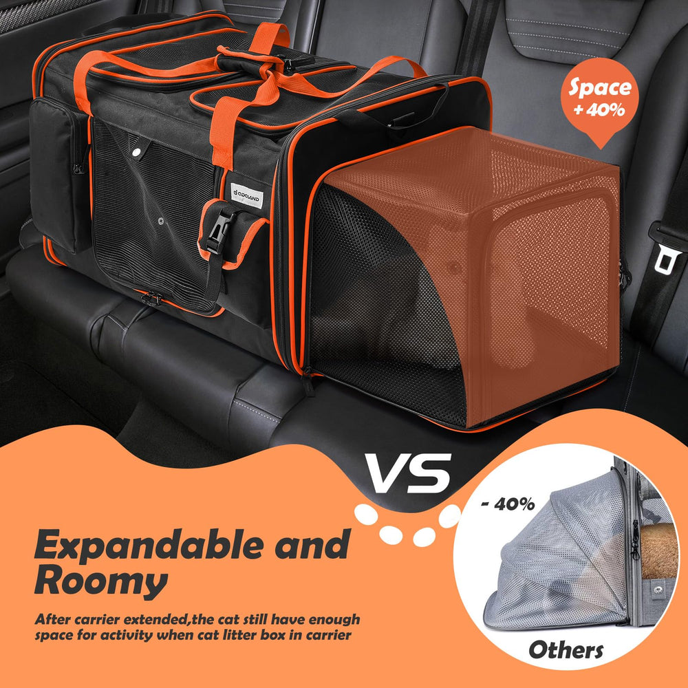 Odoland expandable cat carrier showing security buckles and locking zippers for safe car travel.