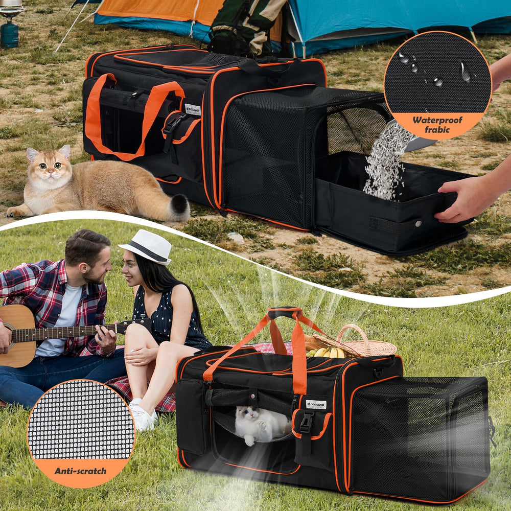 Odoland expandable cat carrier with multiple pockets for organized gear during trips.