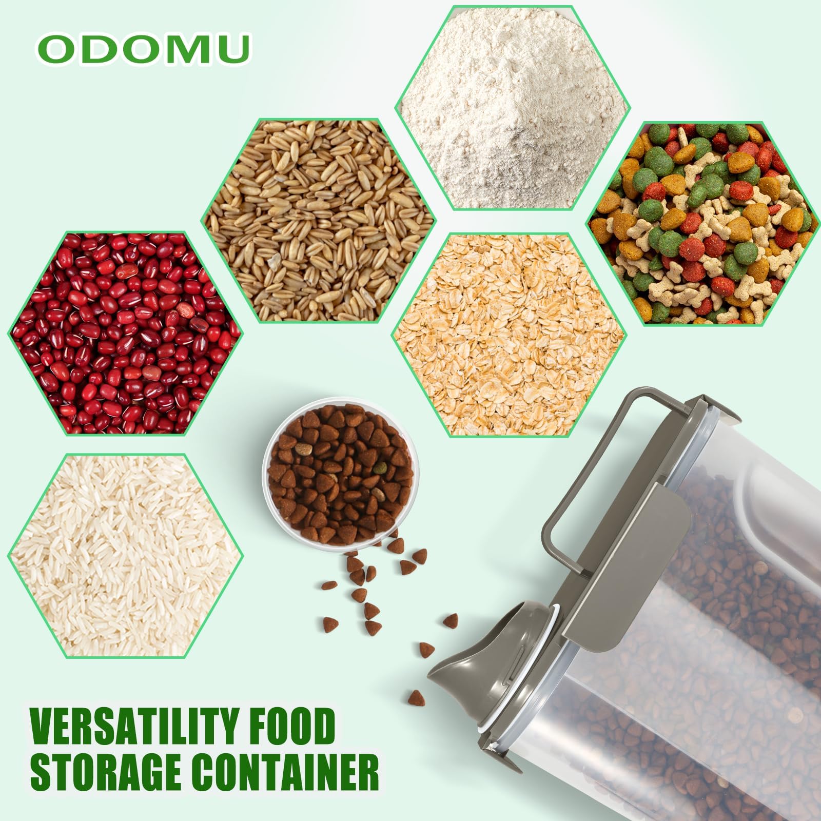 ODOMU large pour spout eases dispensing of large-particle foods.
